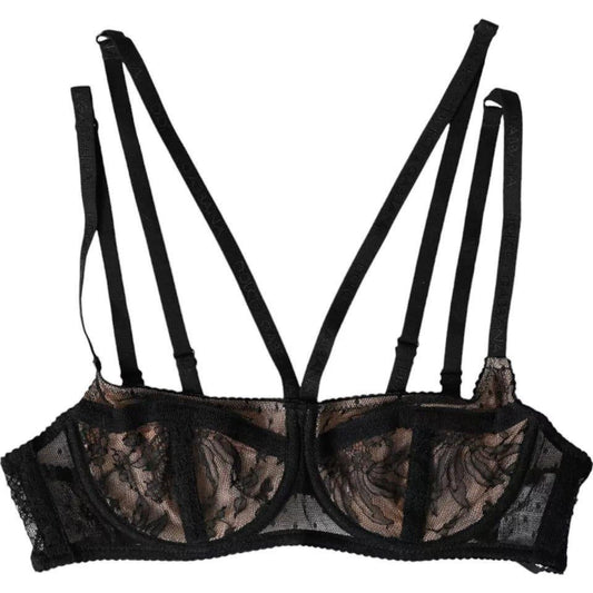 Dolce & Gabbana Black Floral Lace Nylon Balconcino Bra Underwear Dolce & Gabbana