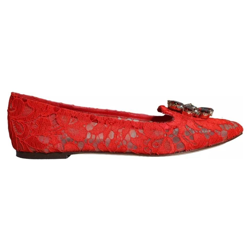 Dolce & Gabbana Red Lace Crystal Ballet Flats Loafers Shoes Dolce & Gabbana