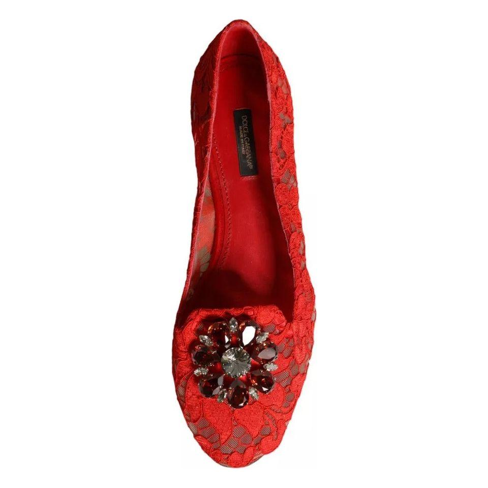 Dolce & Gabbana Red Lace Crystal Ballet Flats Loafers Shoes Dolce & Gabbana