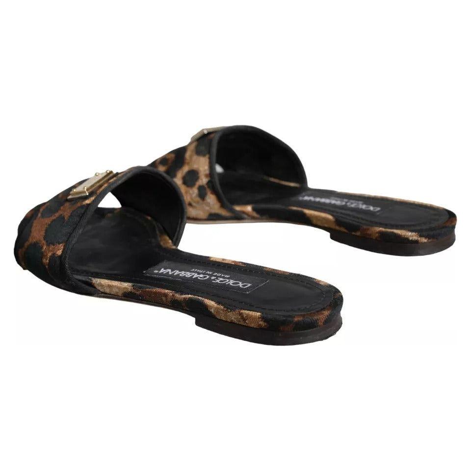 Dolce & Gabbana Brown Leopard Logo Slides Flats Sandals Shoes Dolce & Gabbana