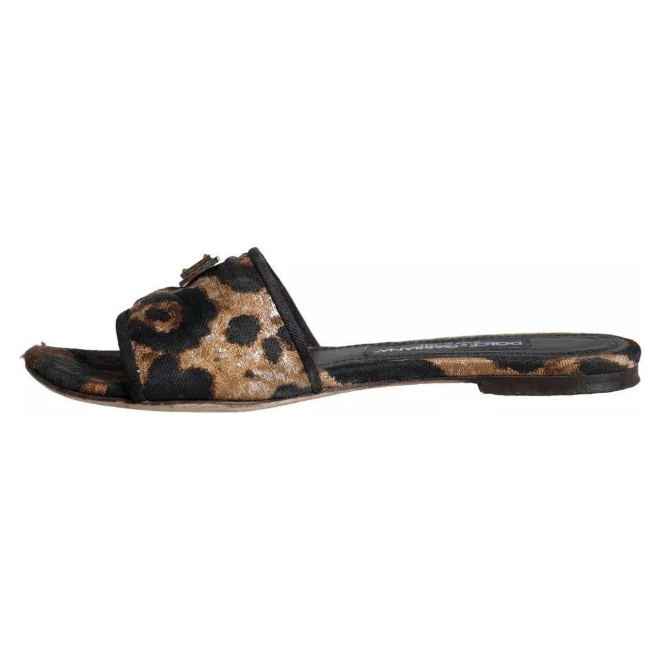 Dolce & Gabbana Brown Leopard Logo Slides Flats Sandals Shoes Dolce & Gabbana