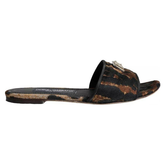 Dolce & Gabbana Brown Leopard Logo Slides Flats Sandals Shoes Dolce & Gabbana