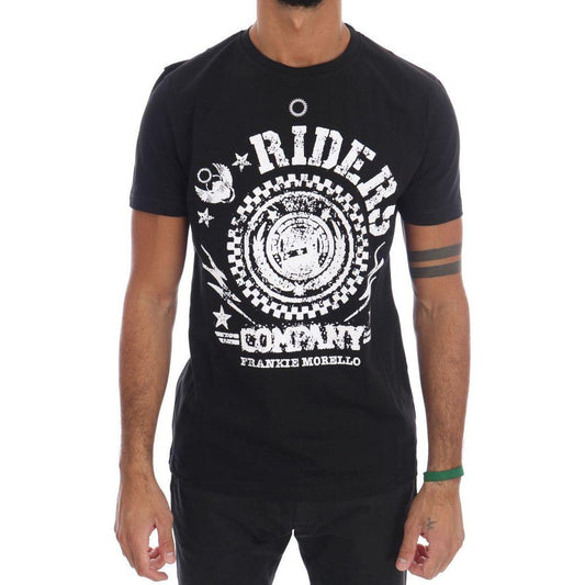 Frankie Morello Black Cotton RIDERS Crewneck T-Shirt 1728,67345645728,Black/White,Clothing,Frankie Morello,Material: 100% Cotton,Men,Men - Clothing,New with tags,S,T-Shirts - Clothing,T-Shirts - Men - Clothing,T-Shirts - T-Shirts - Clothing
