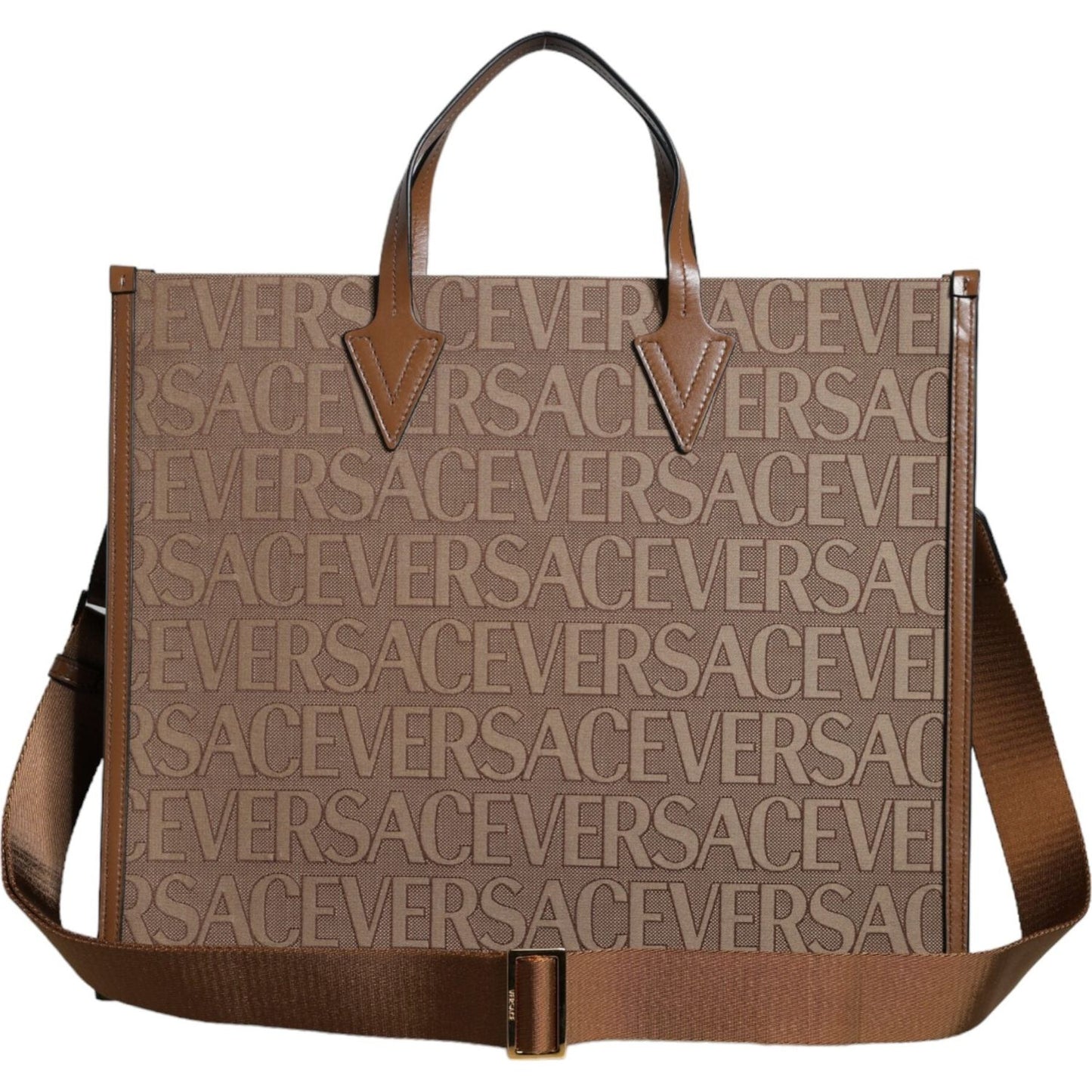 Versace Brown Top Handle Jacquard Leather Logo Crossbody Tote Bag Versace