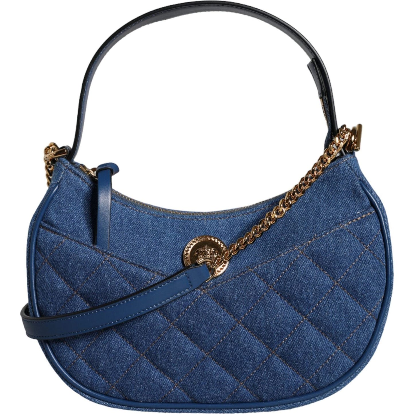 Versace Blue Quilted Denim Leather Top Handle Shoulder Bag Versace