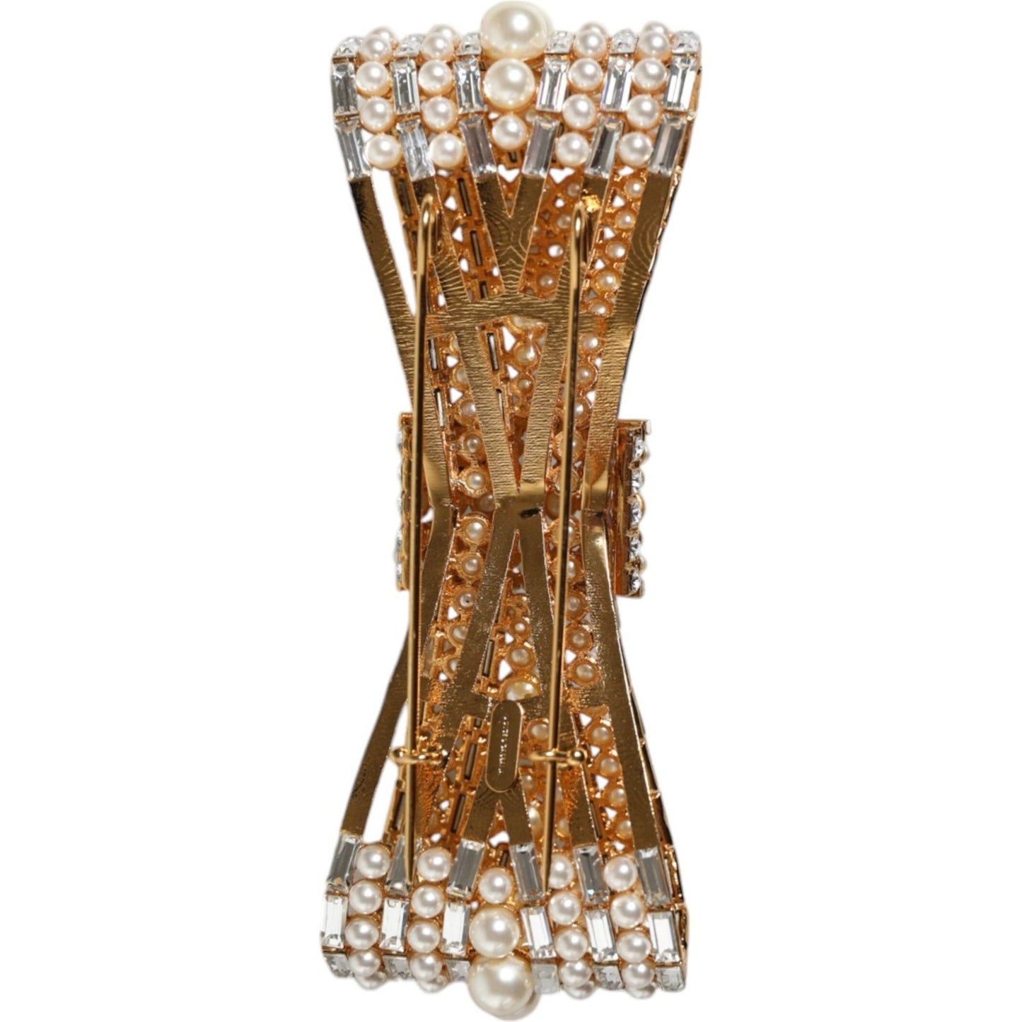 Dolce & Gabbana Gold Tone Brass Bow Crystal FauxPearl Embellished Brooch Dolce & Gabbana