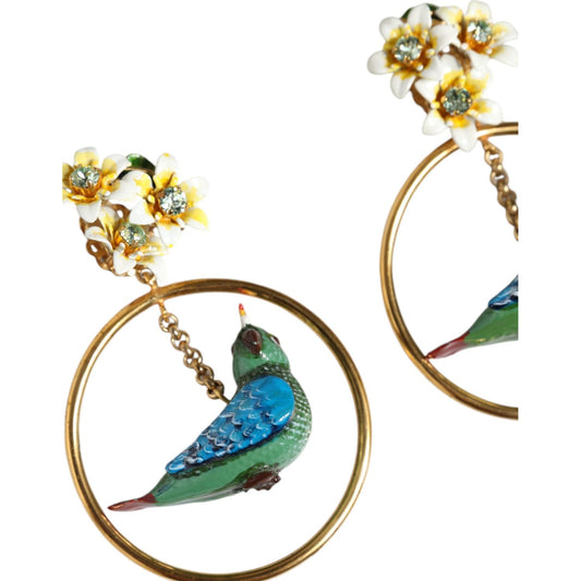 Dolce & Gabbana Gold Tone Brass Crystal Bird-in-Hoop Statement Earrings Dolce & Gabbana