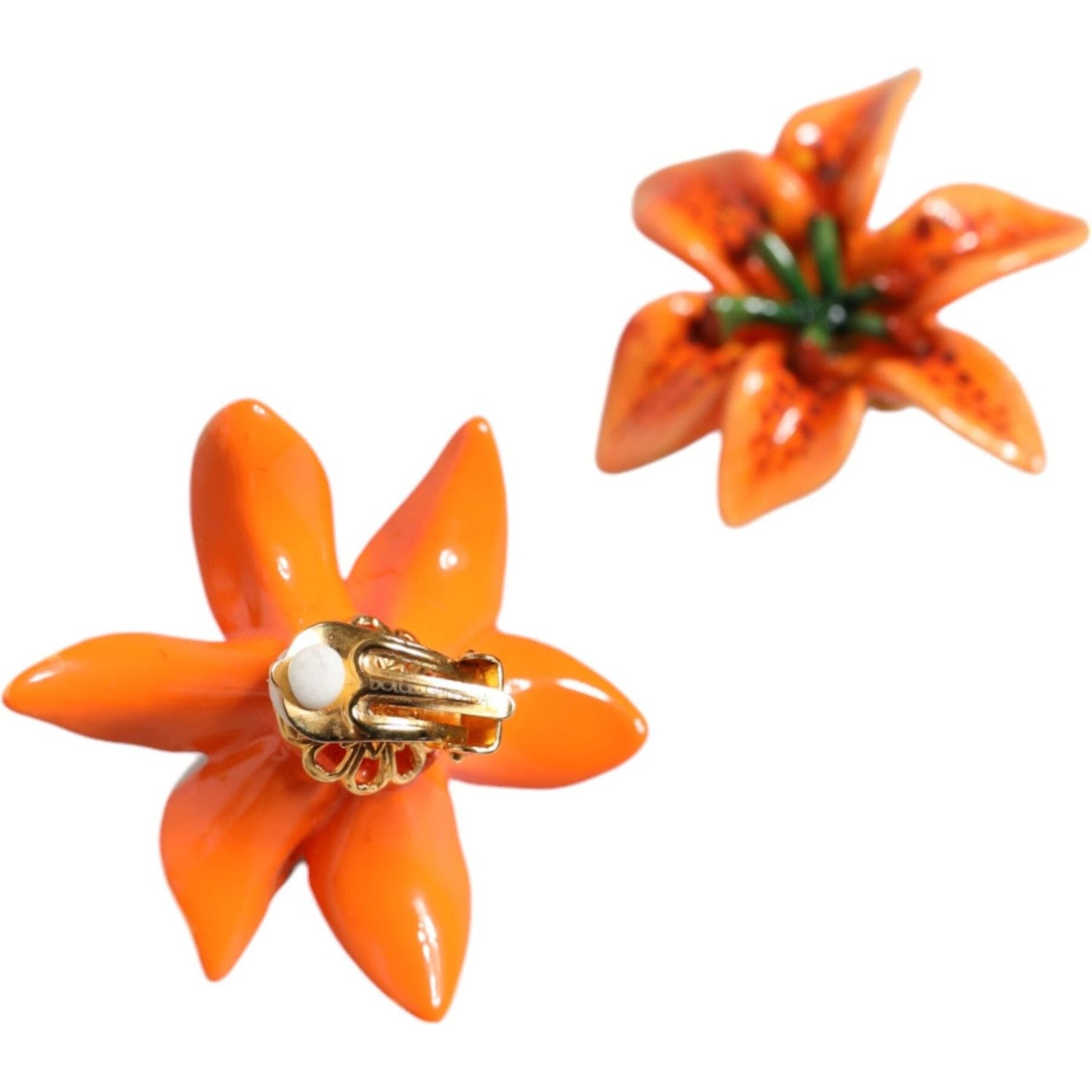 Dolce & Gabbana Orange Green Gold Brass Lily Flower Clip Floral Earrings Dolce & Gabbana