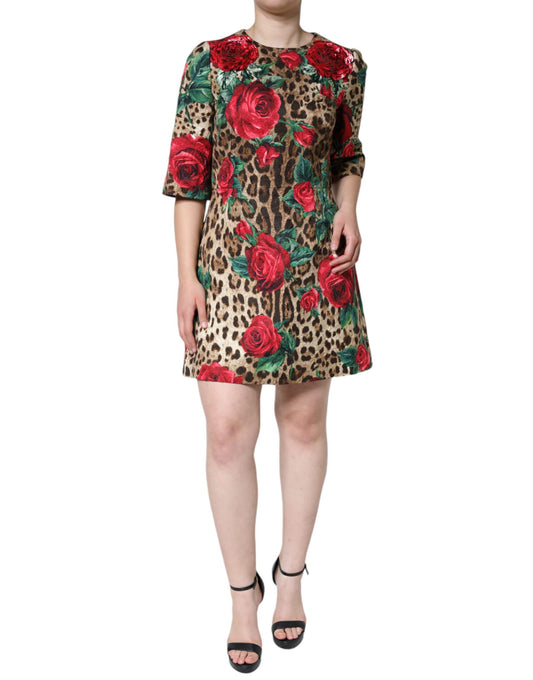 Dolce & Gabbana Brown Leopard Red Roses Cotton A-line Dress Dolce & Gabbana