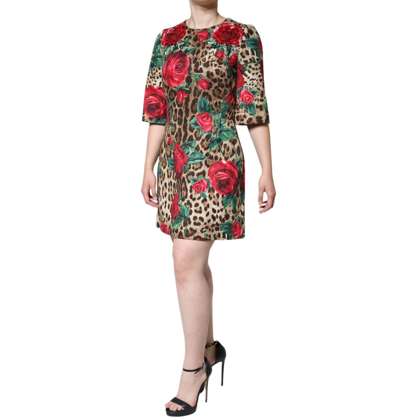 Dolce & Gabbana Brown Leopard Red Roses Cotton A-line Dress Dolce & Gabbana