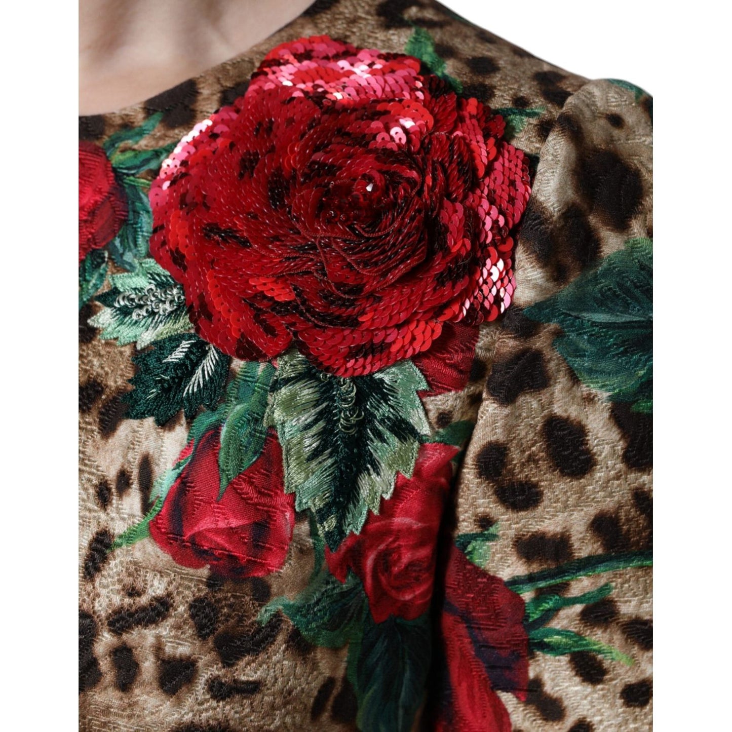 Dolce & Gabbana Brown Leopard Red Roses Cotton A-line Dress Dolce & Gabbana