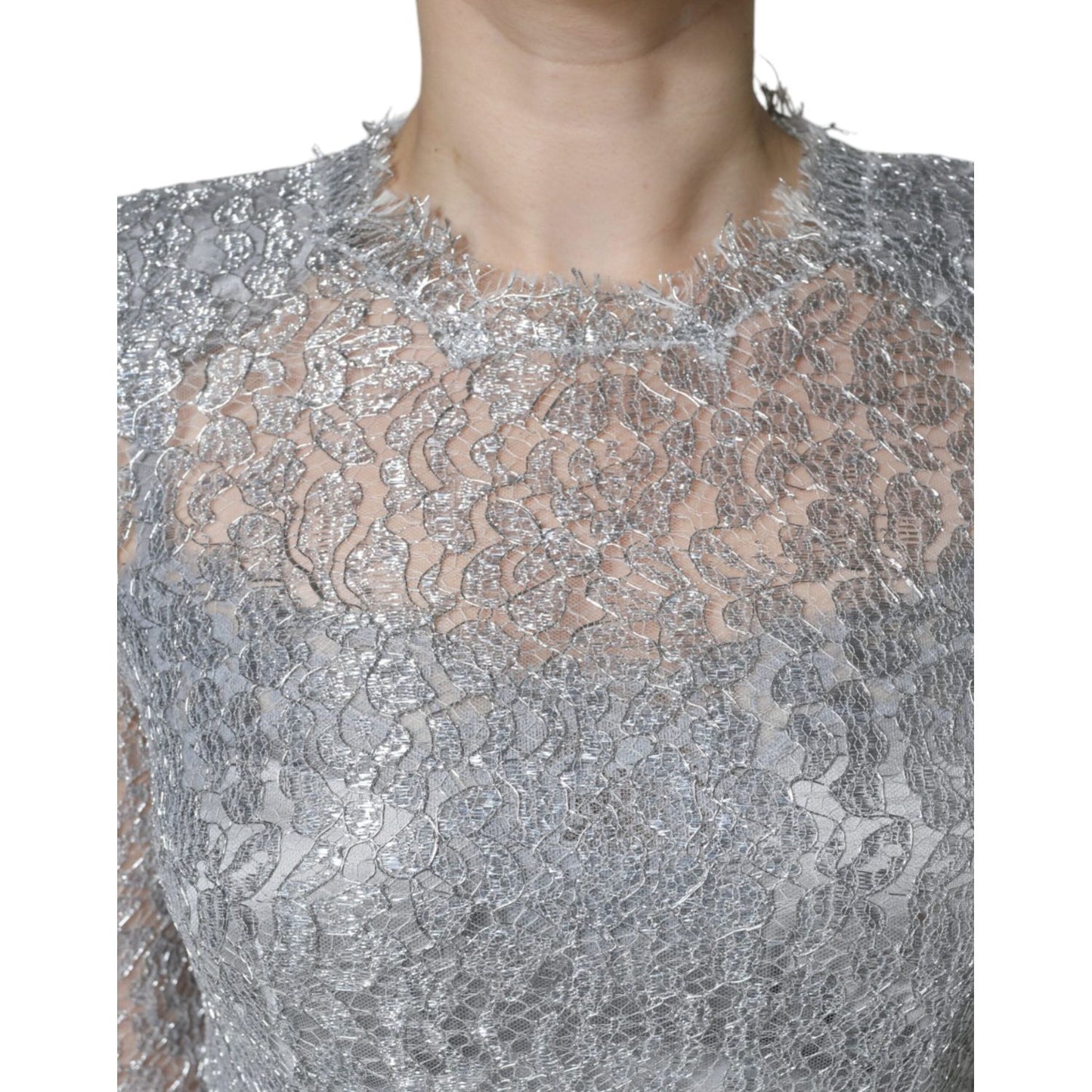 Dolce & Gabbana Silver Floral Lace Bodycon Sheath Midi Dress Dolce & Gabbana