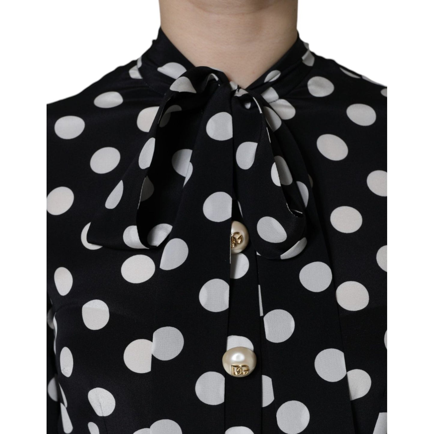 Dolce & Gabbana Black White Polka Dot Ascot Collar Midi Dress Dolce & Gabbana