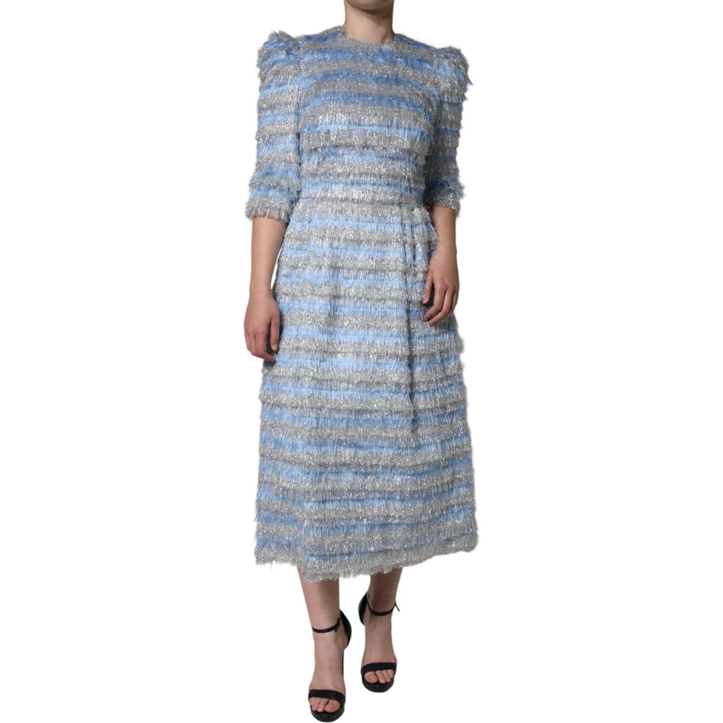 Dolce & Gabbana Light Blue Silver Jacquard A-line Midi Dress Dolce & Gabbana