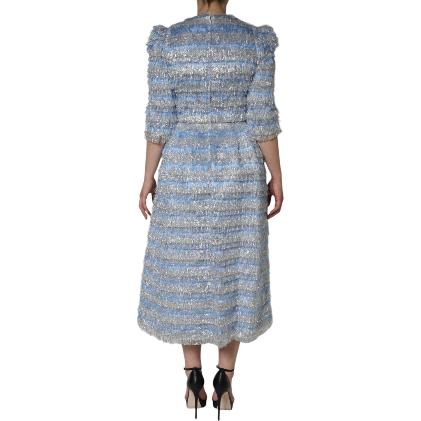 Dolce & Gabbana Light Blue Silver Jacquard A-line Midi Dress Dolce & Gabbana