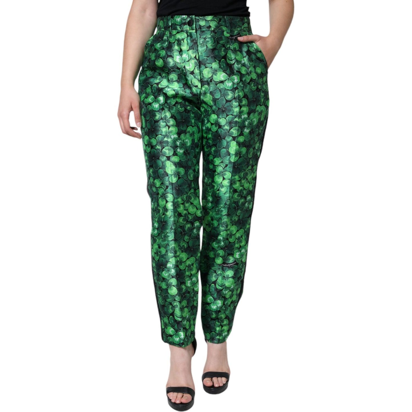 Dolce & Gabbana Green Clover Silk Satin High Waist Tapered Pants Dolce & Gabbana