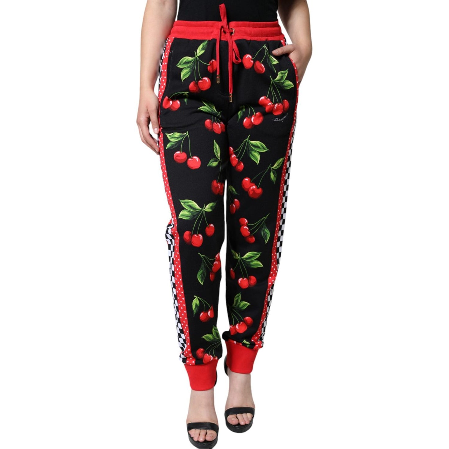 Dolce & Gabbana Black Red Cherry Mid Waist Jogger Pants Dolce & Gabbana