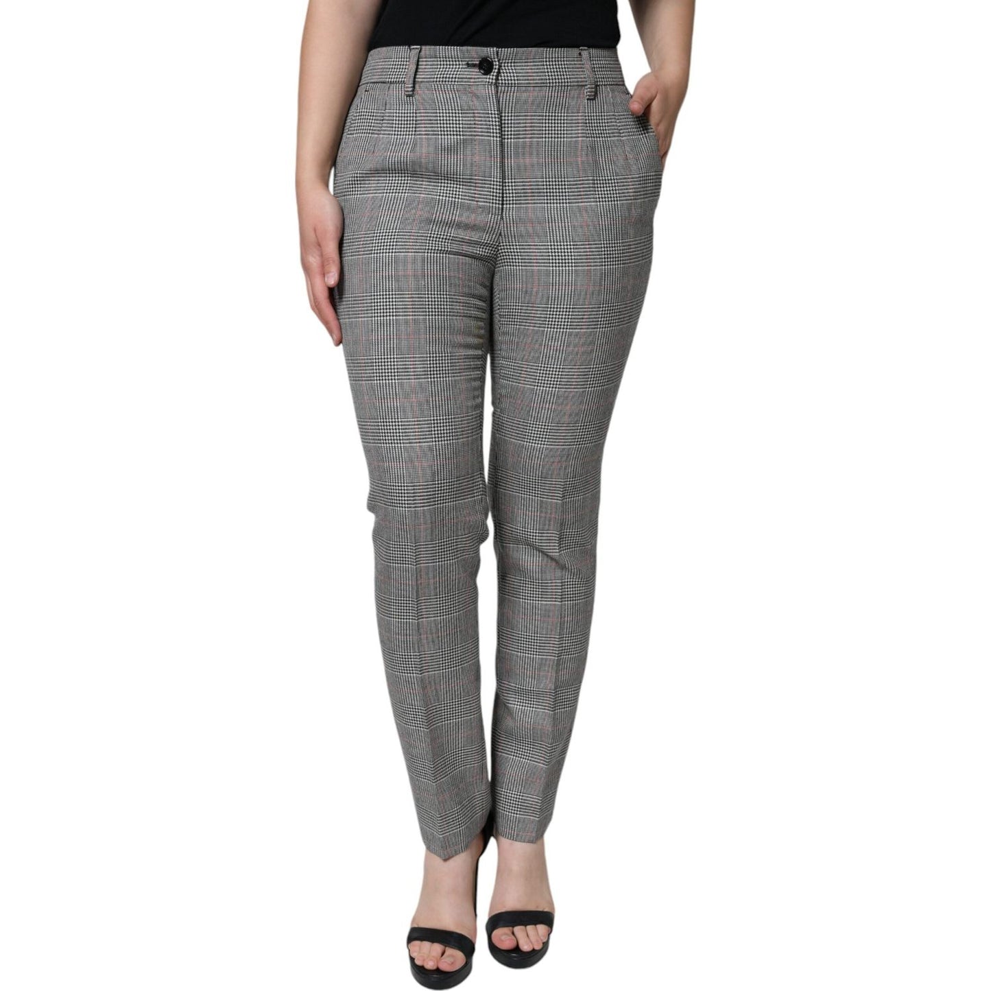 Dolce & Gabbana Gray Plaid Wool Mid Waist Women Tapered Pants Dolce & Gabbana