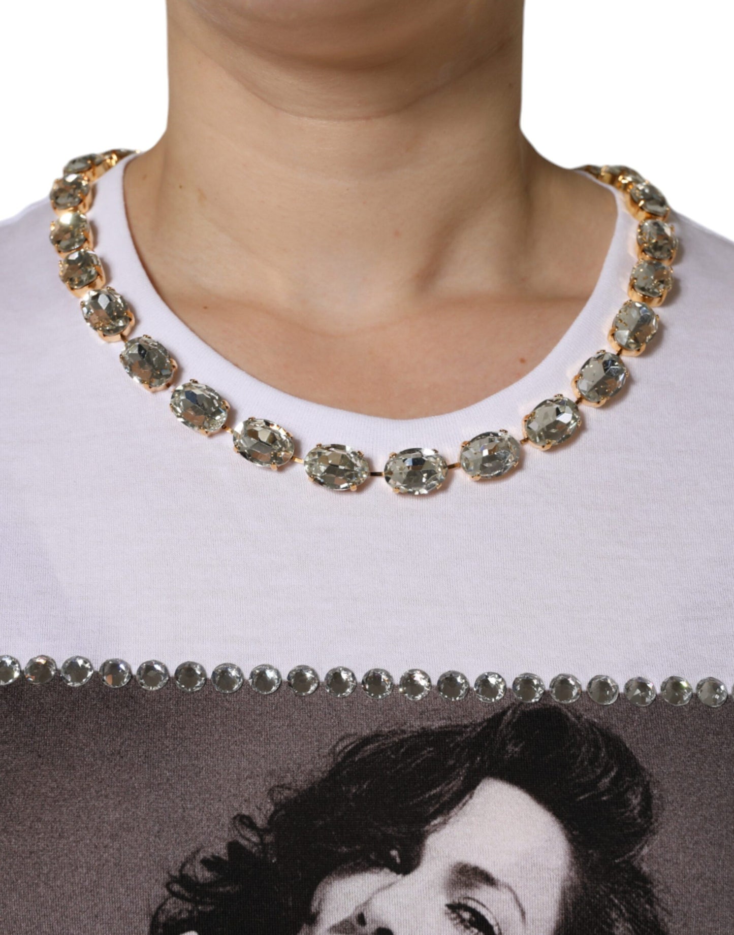 Dolce & Gabbana White Crystal Neckline Embellished Printed T-shirt Dolce & Gabbana