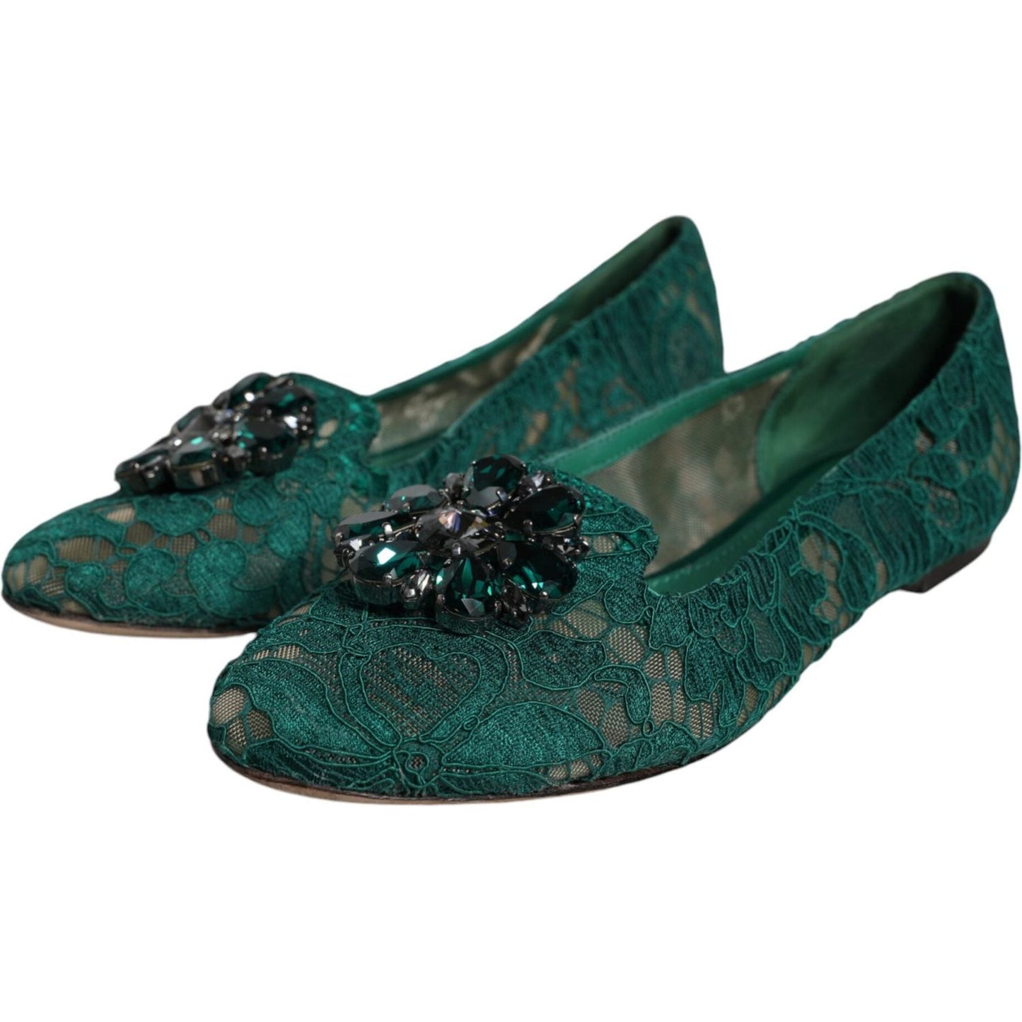 Dolce & Gabbana Green Lace Crystal Ballet Flats Loafers Shoes Dolce & Gabbana