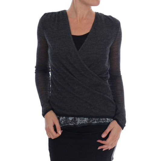 Ermanno Scervino Gray Wool Lace Top Long Sleeved T-shirt 1728,23% Wool,27% polyester,67345645728,Blouses - Shirts - Clothing,Clothing,Ermanno Scervino,Gray,IT44 | M,Long Sleeve - T-Shirts - Clothing,Material: 50% rayon,New with tags,Shirts - Clothing,T-Sh