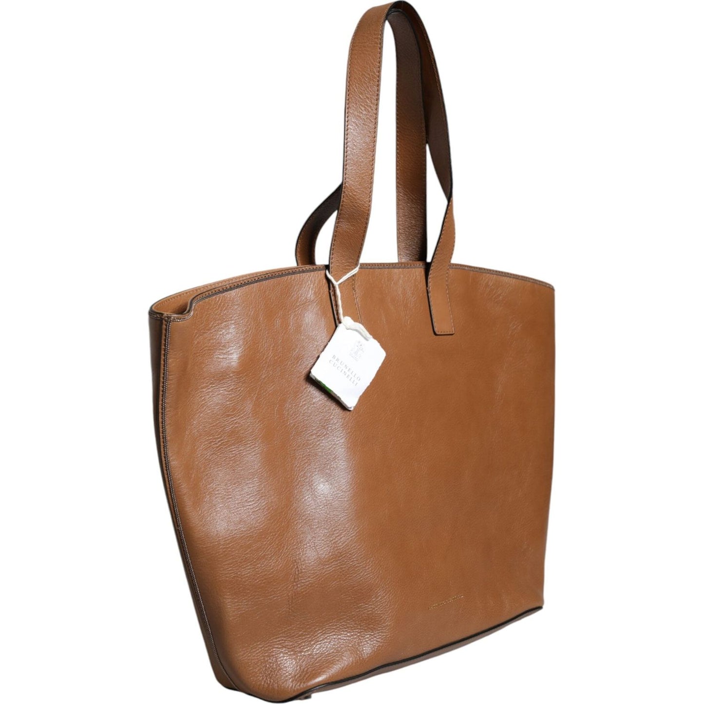 Brunello Cucinelli Brown Leather Logo Shoulder Strap Shopping Tote Bag Brunello Cucinelli