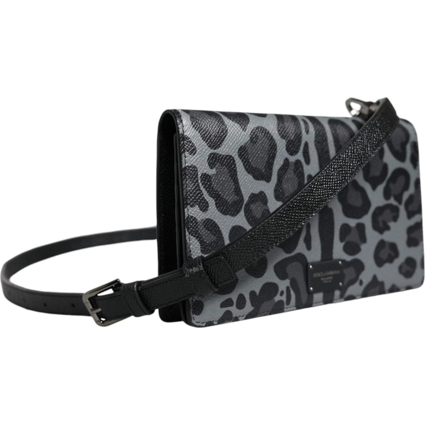 Dolce & Gabbana Black Gray Leopard Leather Bifold Card Slot Crossbody Bag Dolce & Gabbana