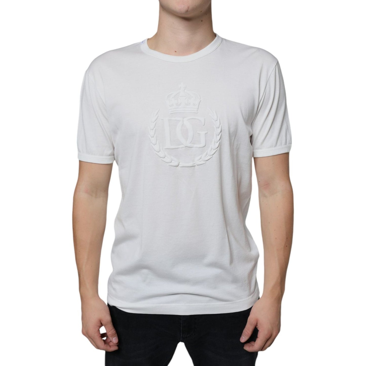 Dolce & Gabbana White Logo Embossed Cotton Crewneck T-shirt Dolce & Gabbana