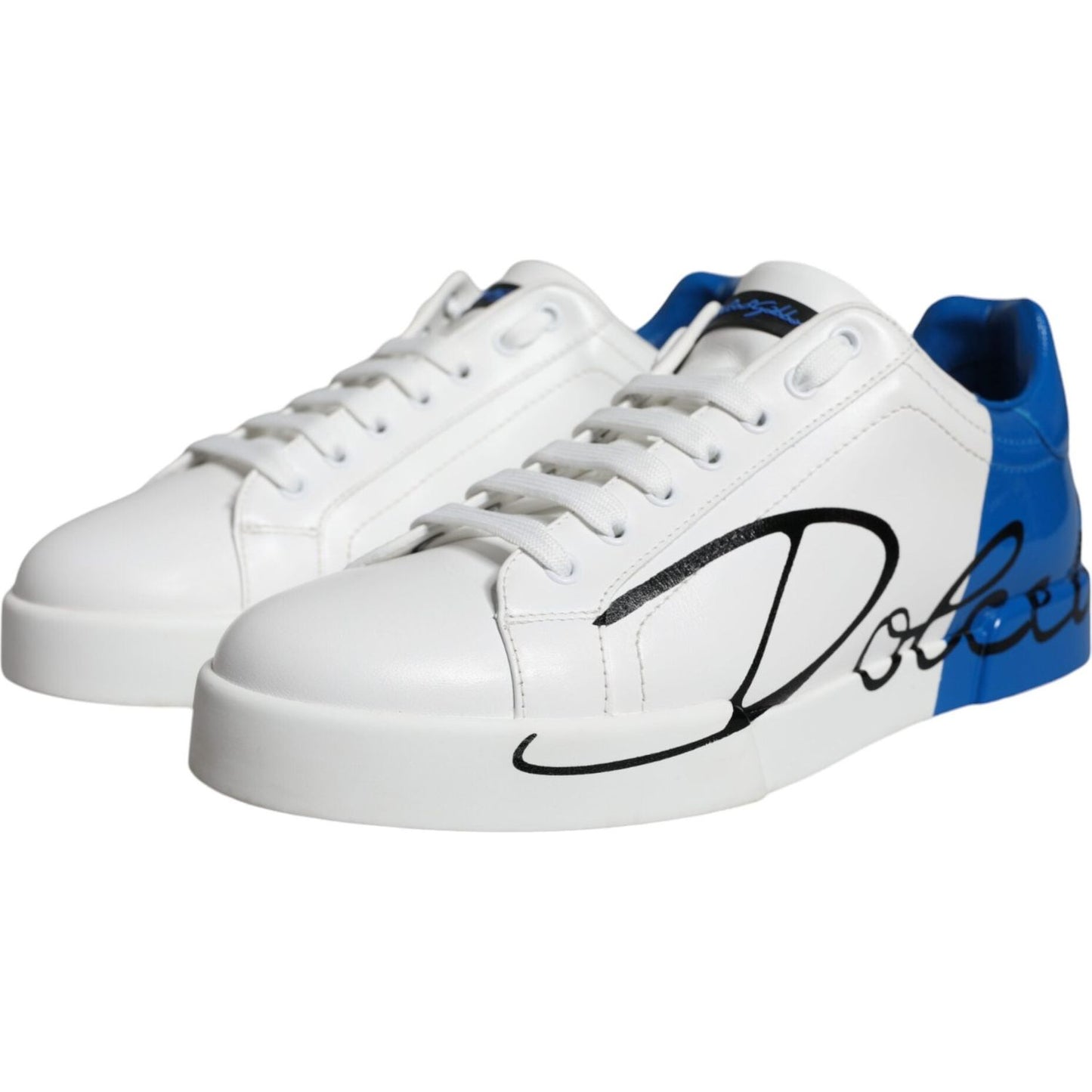 Dolce & Gabbana White Blue Leather Logo Low Top Sneakers Shoes Dolce & Gabbana