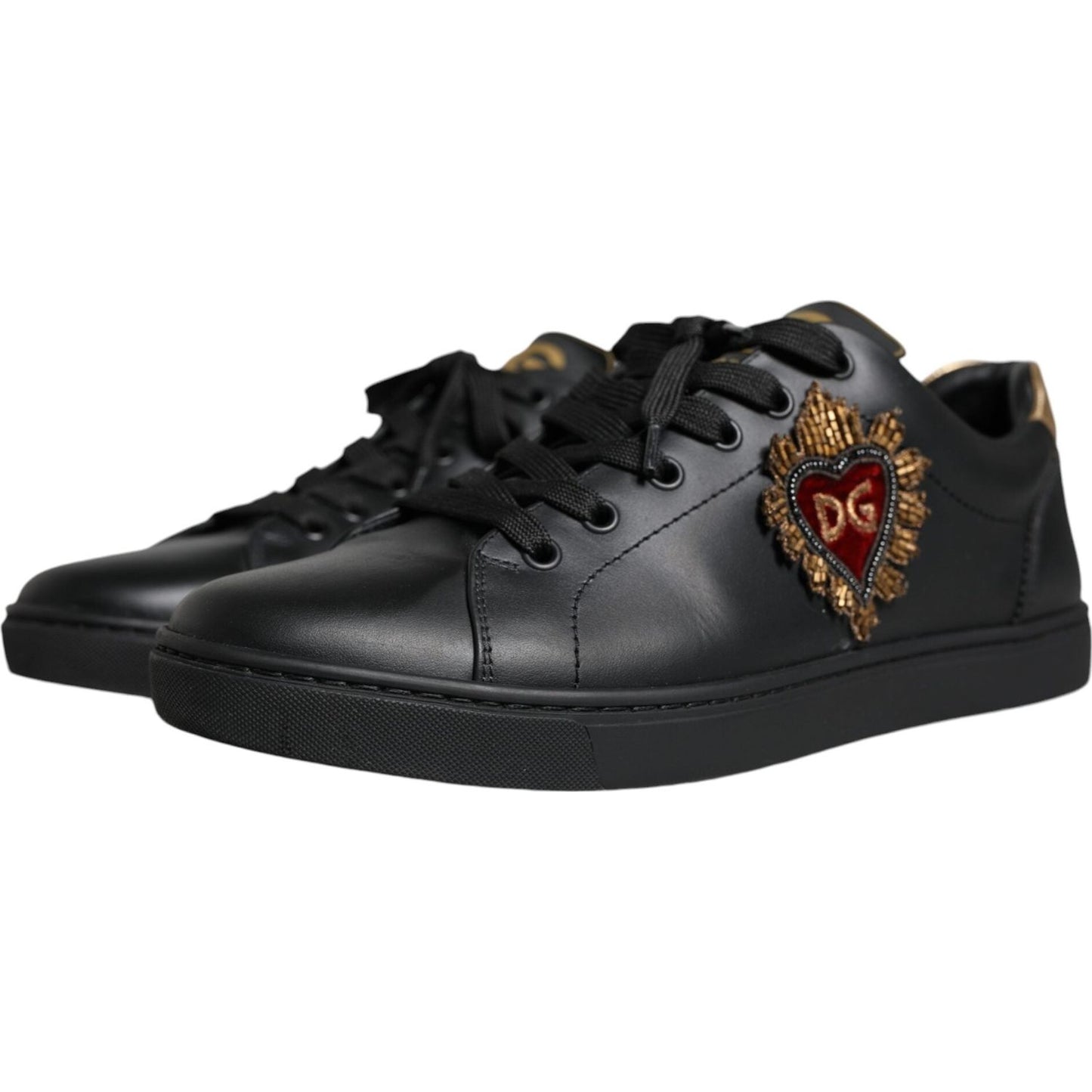 Dolce & Gabbana Black Leather Heart Low Top Casual Sneaker Shoes Dolce & Gabbana