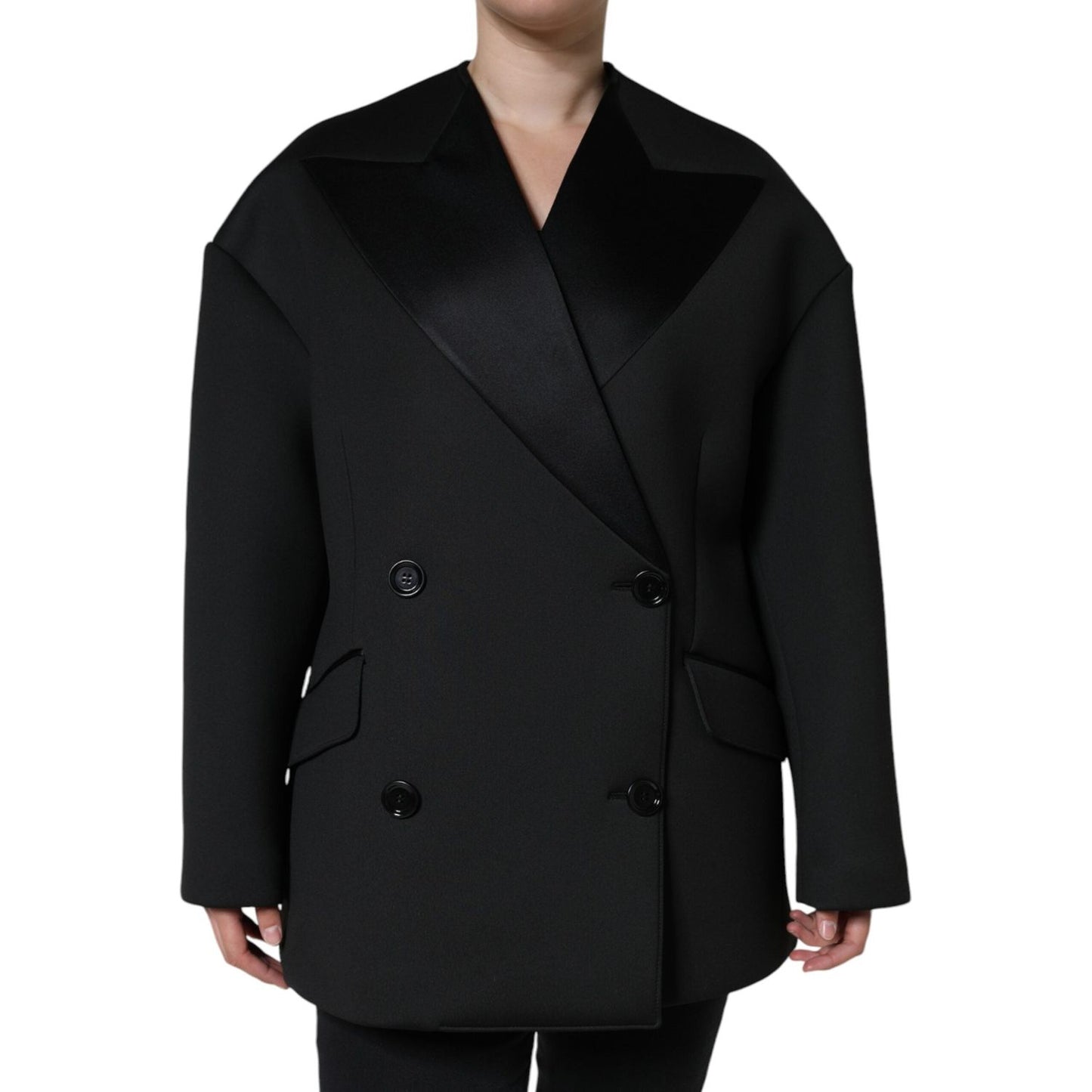 Dolce & Gabbana Black Polyester Double Breasted Coat Jacket Dolce & Gabbana