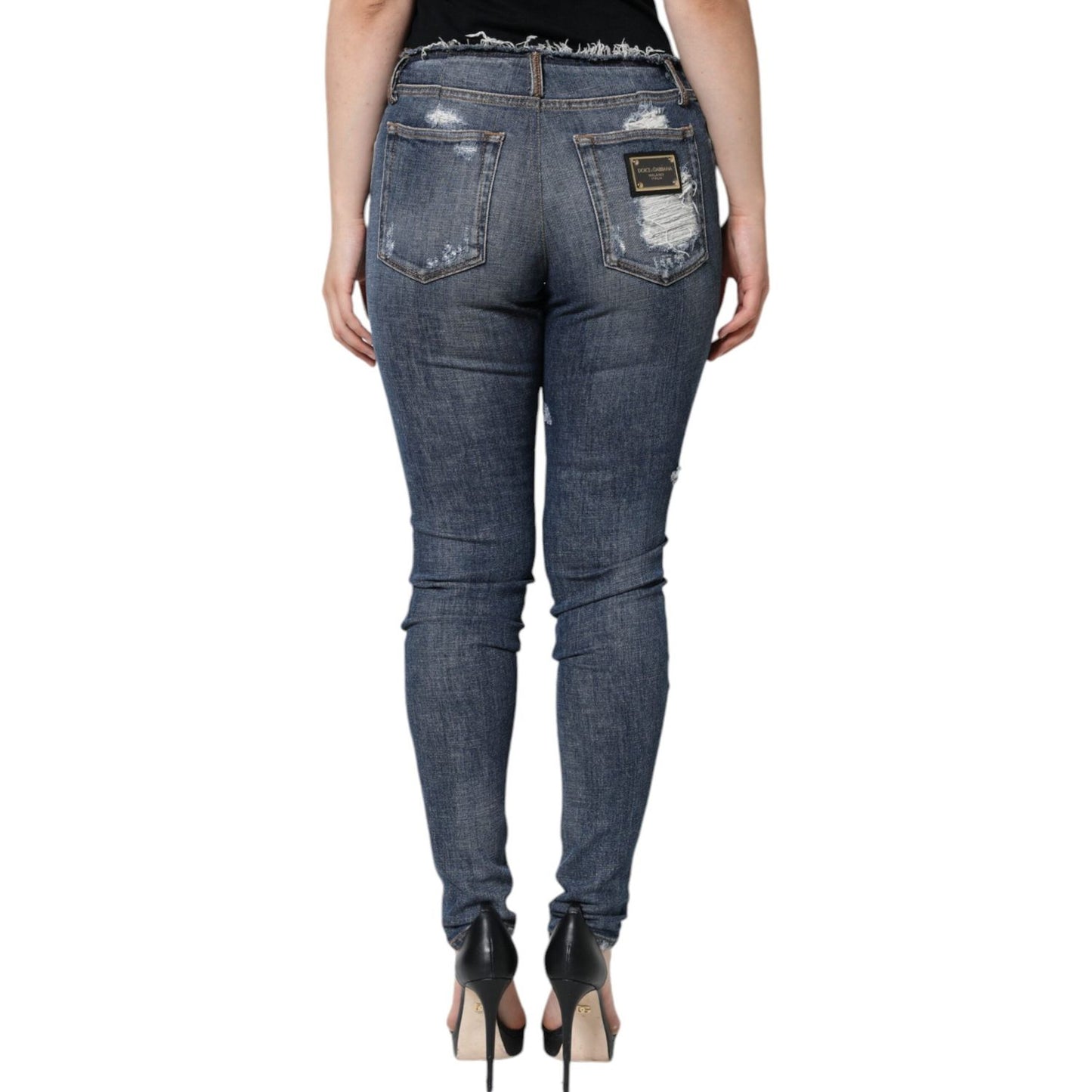 Dolce & Gabbana Blue Cotton Stretch Tattered Skinny Jeans Dolce & Gabbana