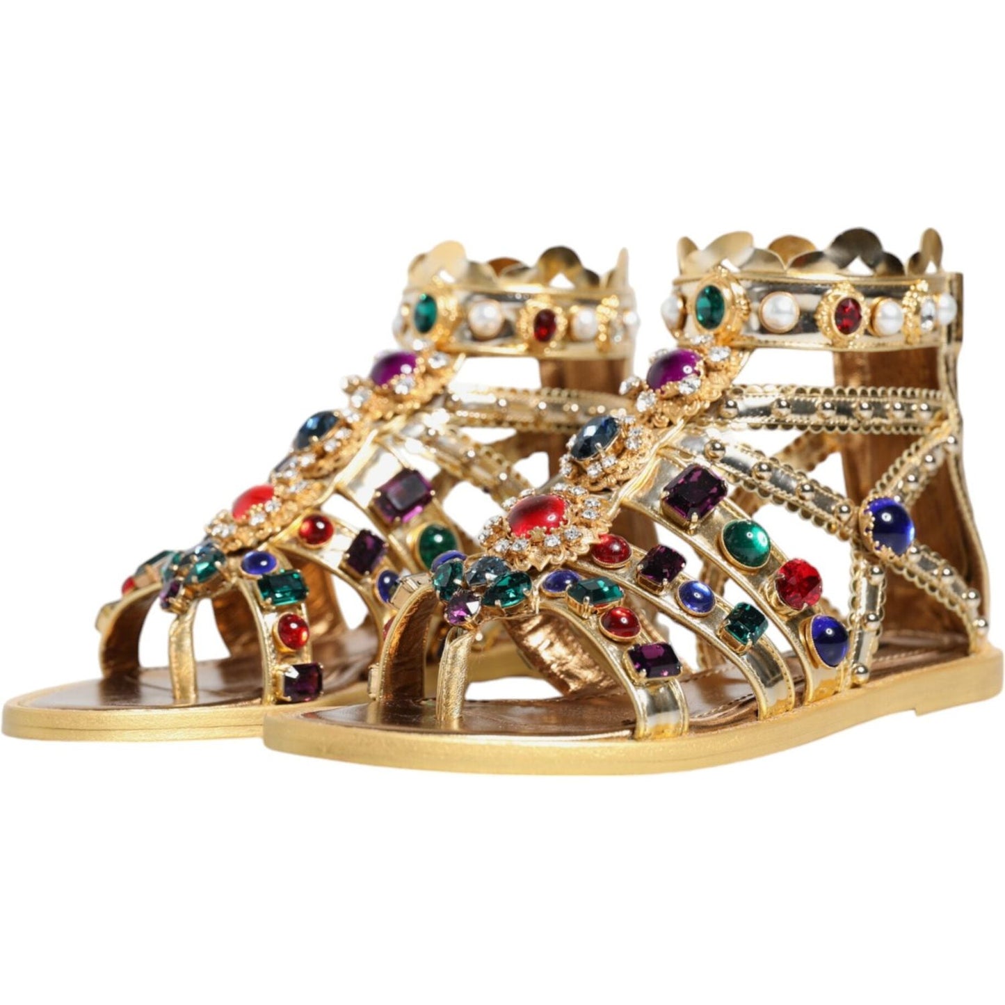 Dolce & Gabbana Gold Leather Crystal Gladiator Sandals Flats Shoes Dolce & Gabbana