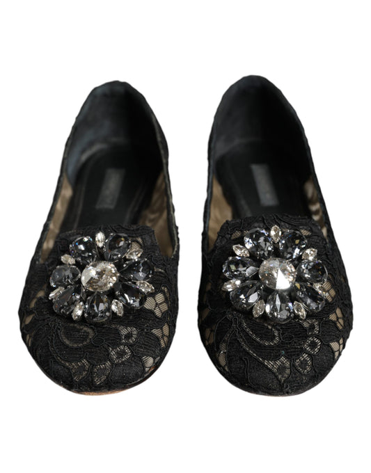 Dolce & Gabbana Black Lace Crystal Ballet Flats Loafer Shoes Dolce & Gabbana