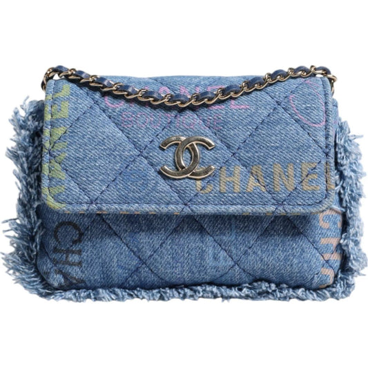 Chanel Denim Mood Flap Micro Logo Printed Fringed Shoulder Bag Chanel