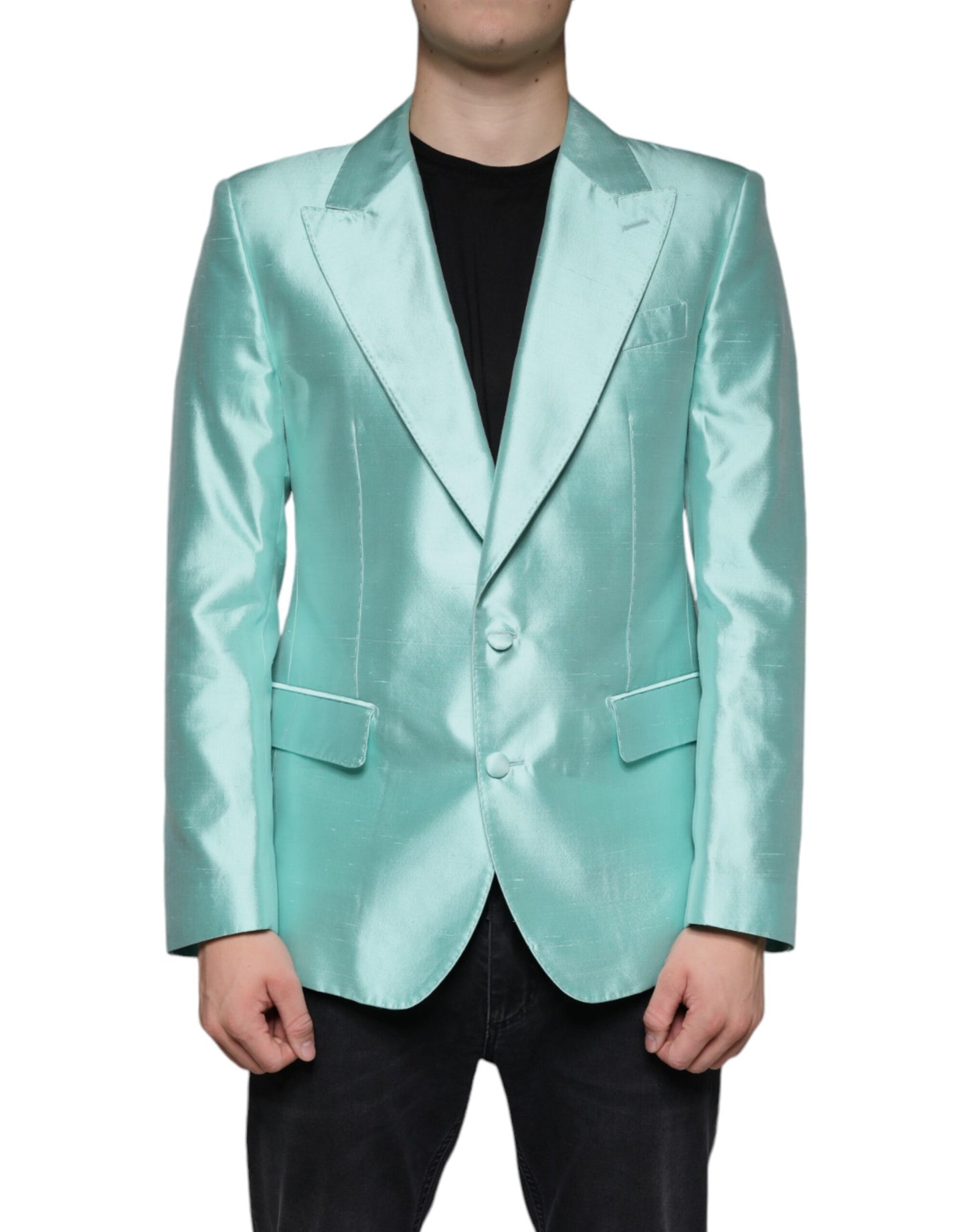 Dolce & Gabbana Mint Green Silk Single Breasted Coat Blazer Dolce & Gabbana