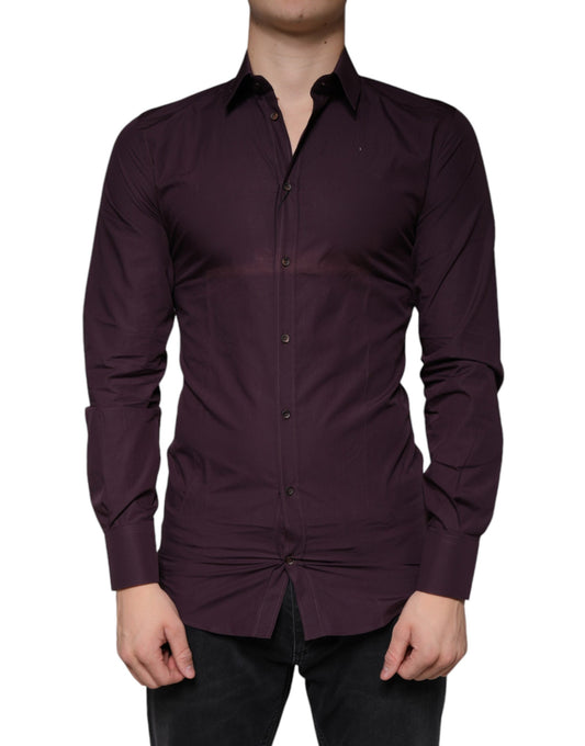 Dolce & Gabbana Dark Violet Cotton Dress GOLD Men Formal Shirt Dolce & Gabbana