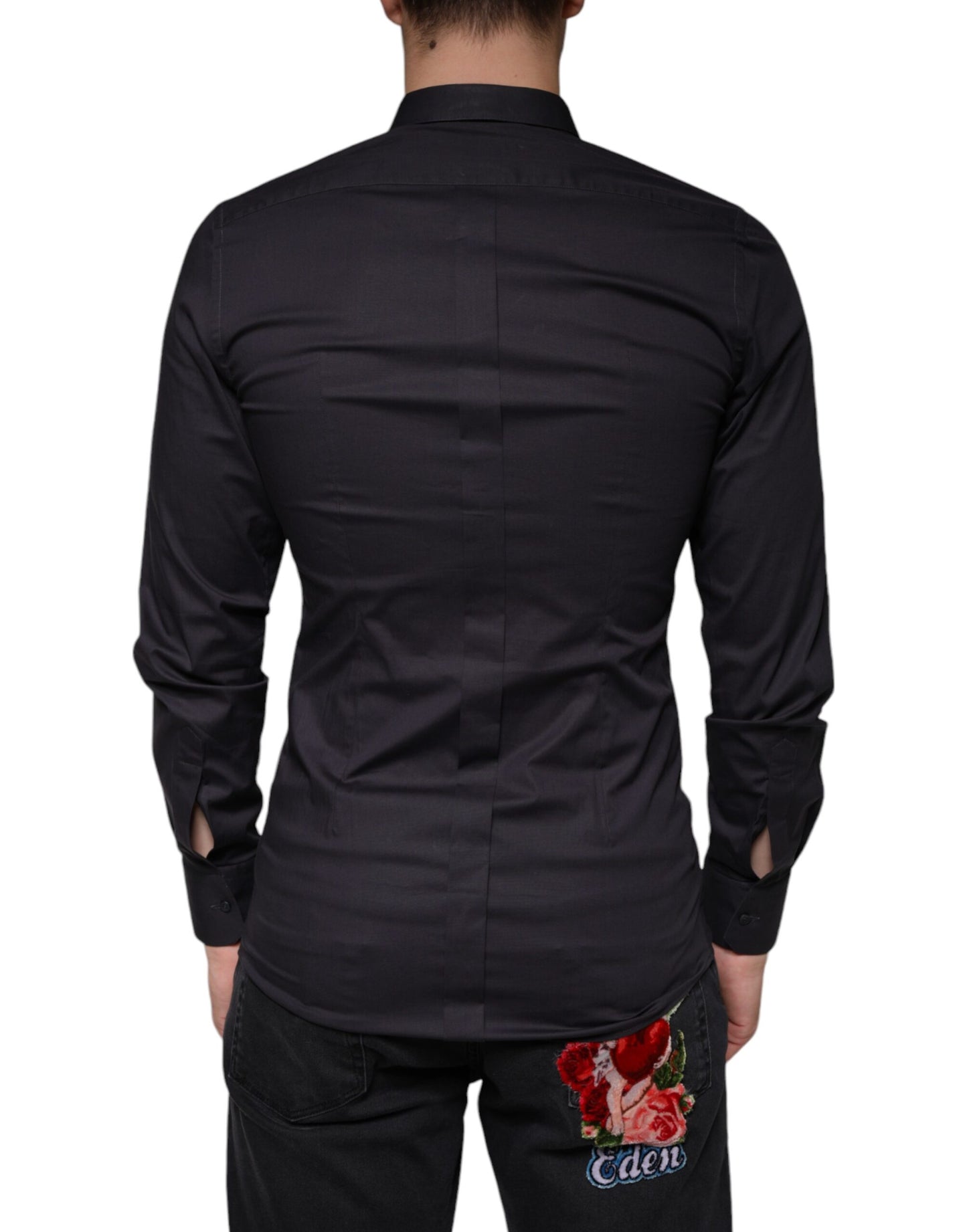 Dolce & Gabbana Black Cotton Stretch Dress GOLD Formal Shirt Dolce & Gabbana