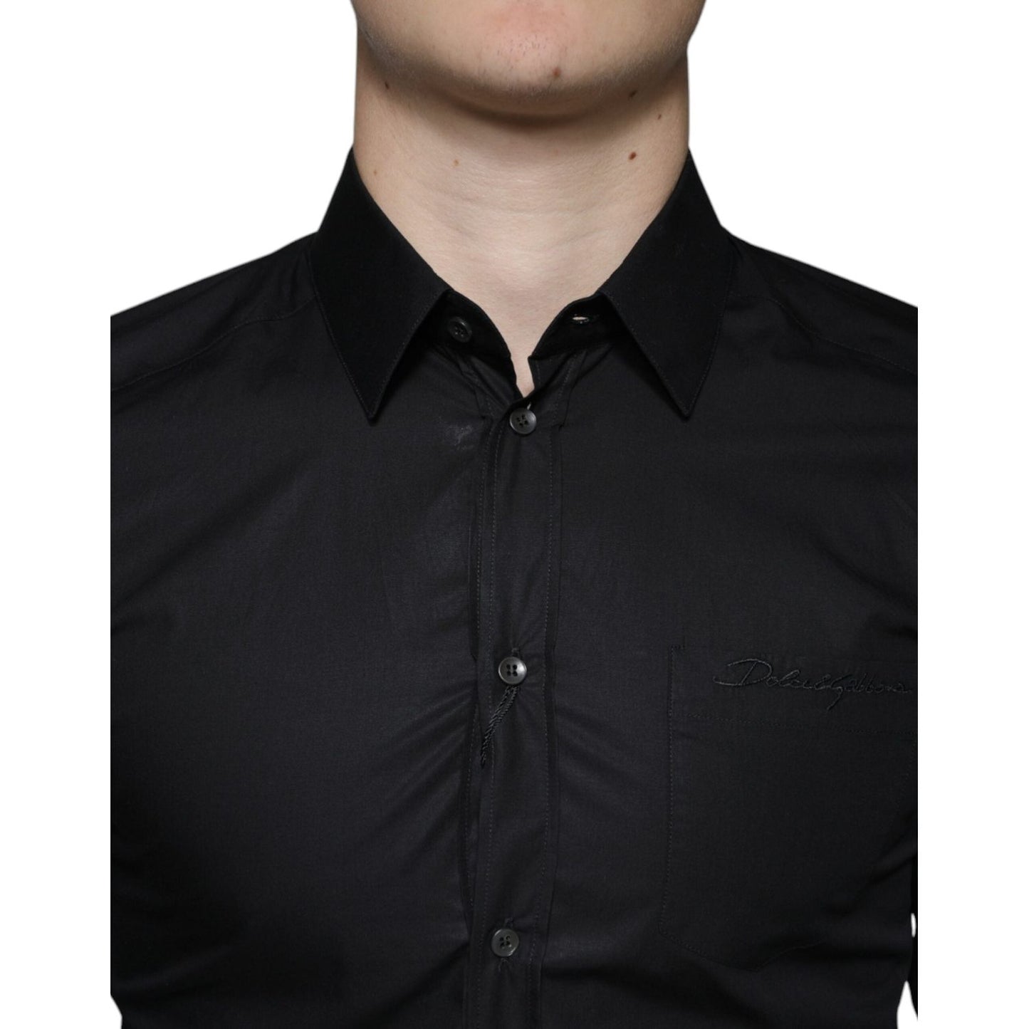 Dolce & Gabbana Black Cotton Stretch Dress GOLD Formal Shirt Dolce & Gabbana