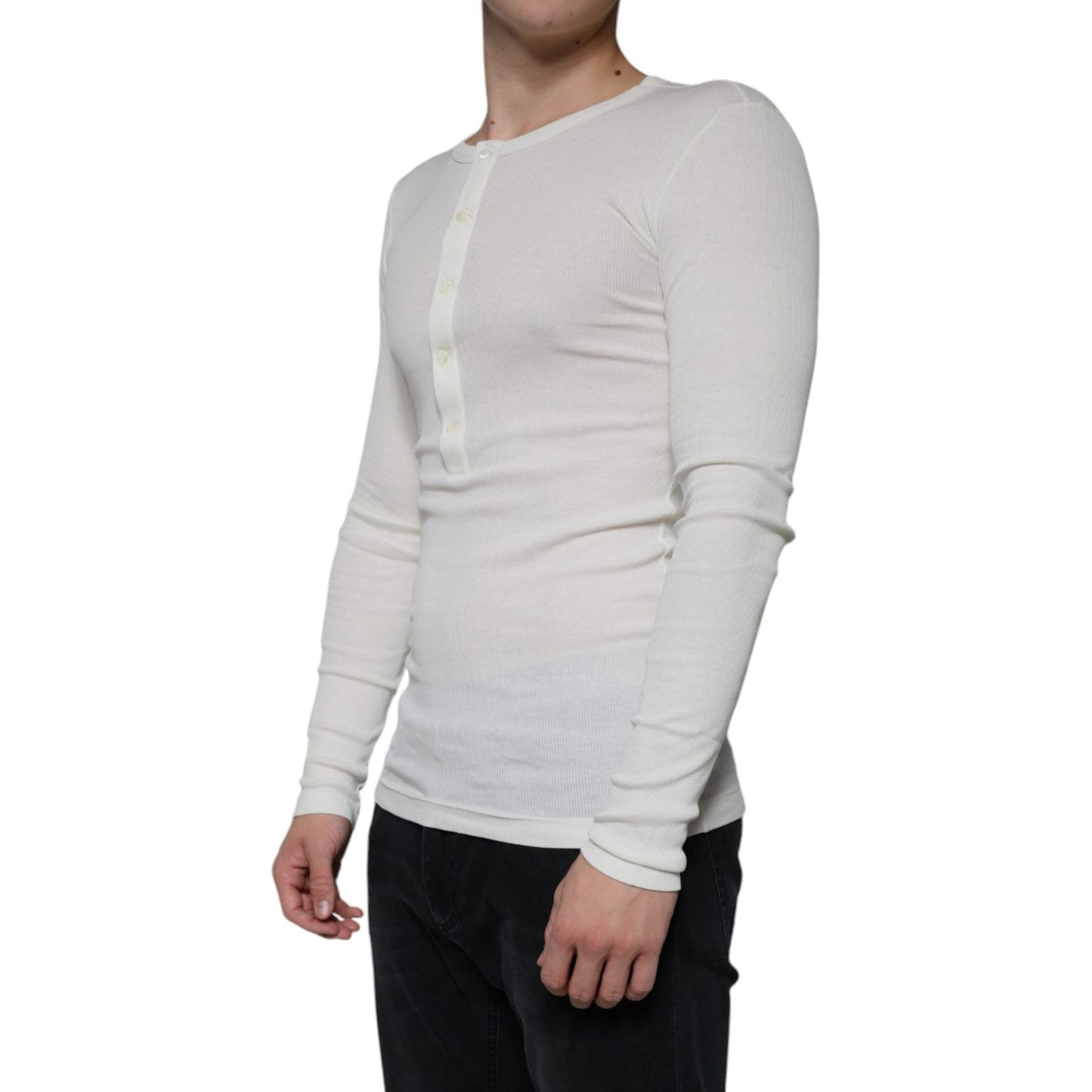 Dolce & Gabbana White Cotton Henley Crew Neck Pullover Sweater Dolce & Gabbana