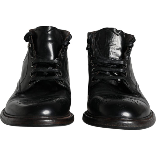 Dolce & Gabbana Black Leather Men Short Boots Lace Up Shoes