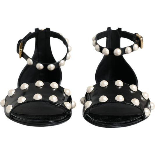 Dolce & Gabbana Black Leather Pearls Ankle Strap Sandals Shoes Dolce & Gabbana