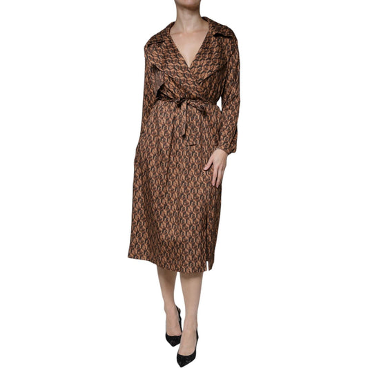 Ballantyne Brown Printed Long Sleeves V-neck Wrap Midi Dress