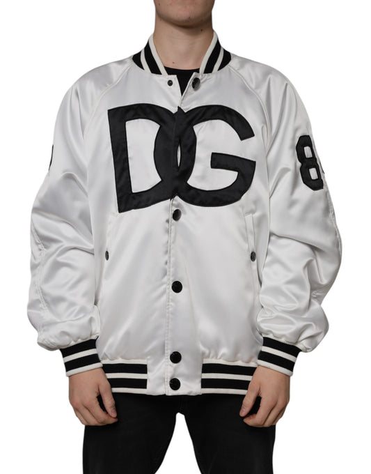 Dolce & Gabbana White Polyester Logo Full Zip Bomber Jacket Dolce & Gabbana