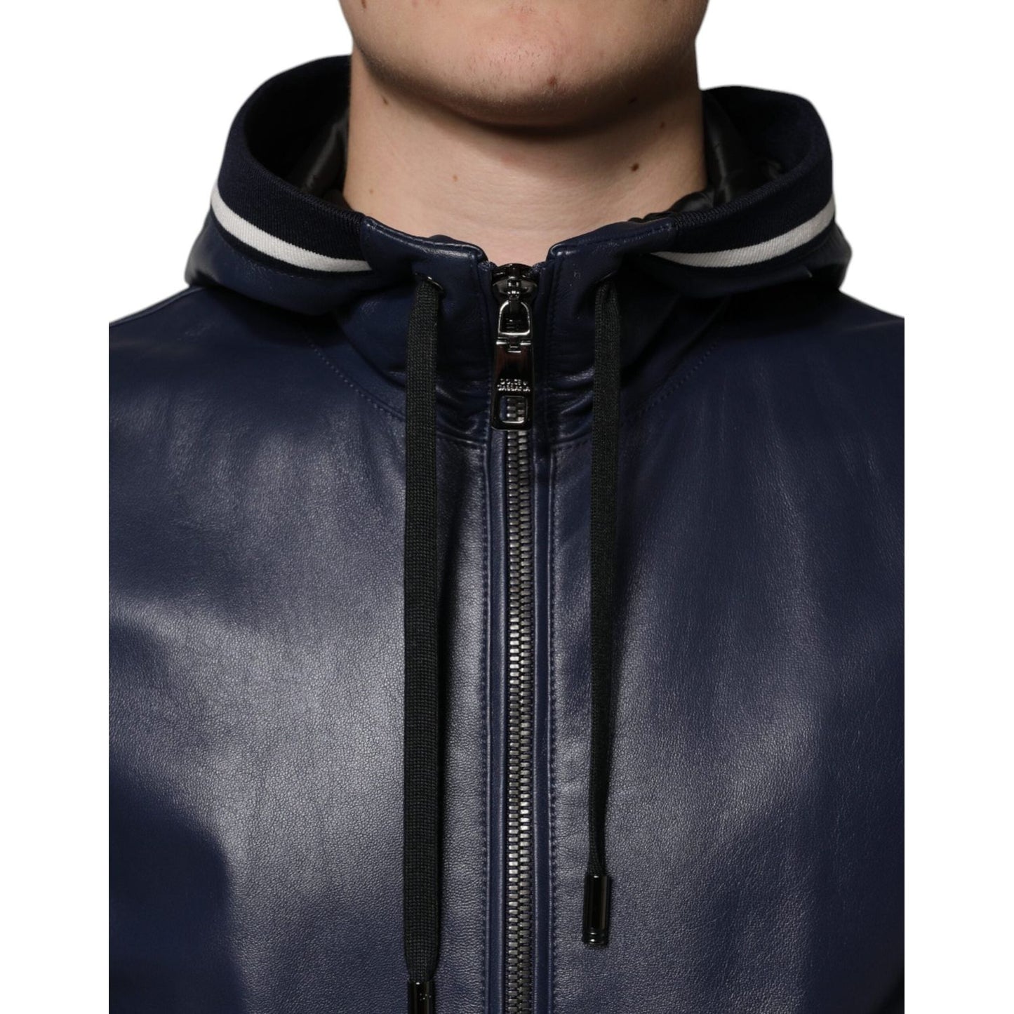 Dolce & Gabbana Blue Leather Full Zip Hooded Bomber Jacket Dolce & Gabbana