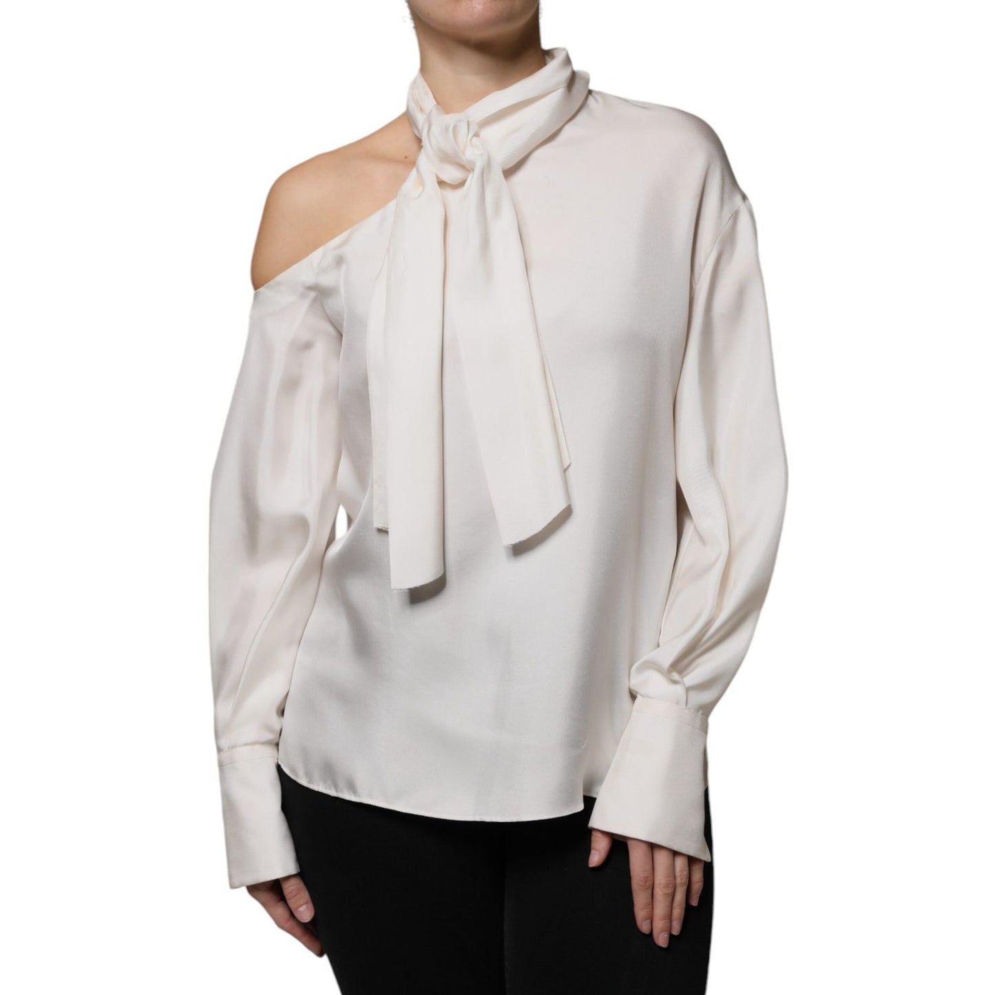 Brunello Cucinelli Beige Silk Ascot Collared Long Sleeves Top