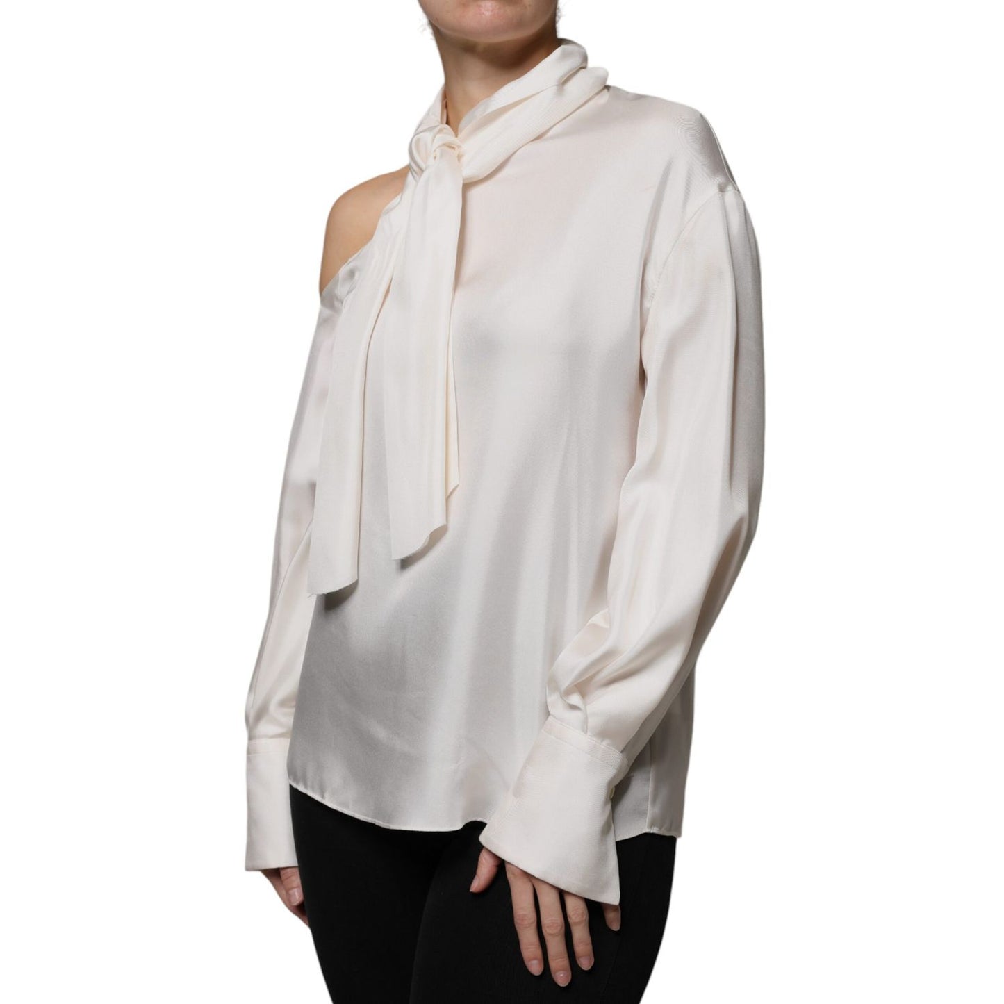 Brunello Cucinelli Beige Silk Ascot Collared Long Sleeves Top
