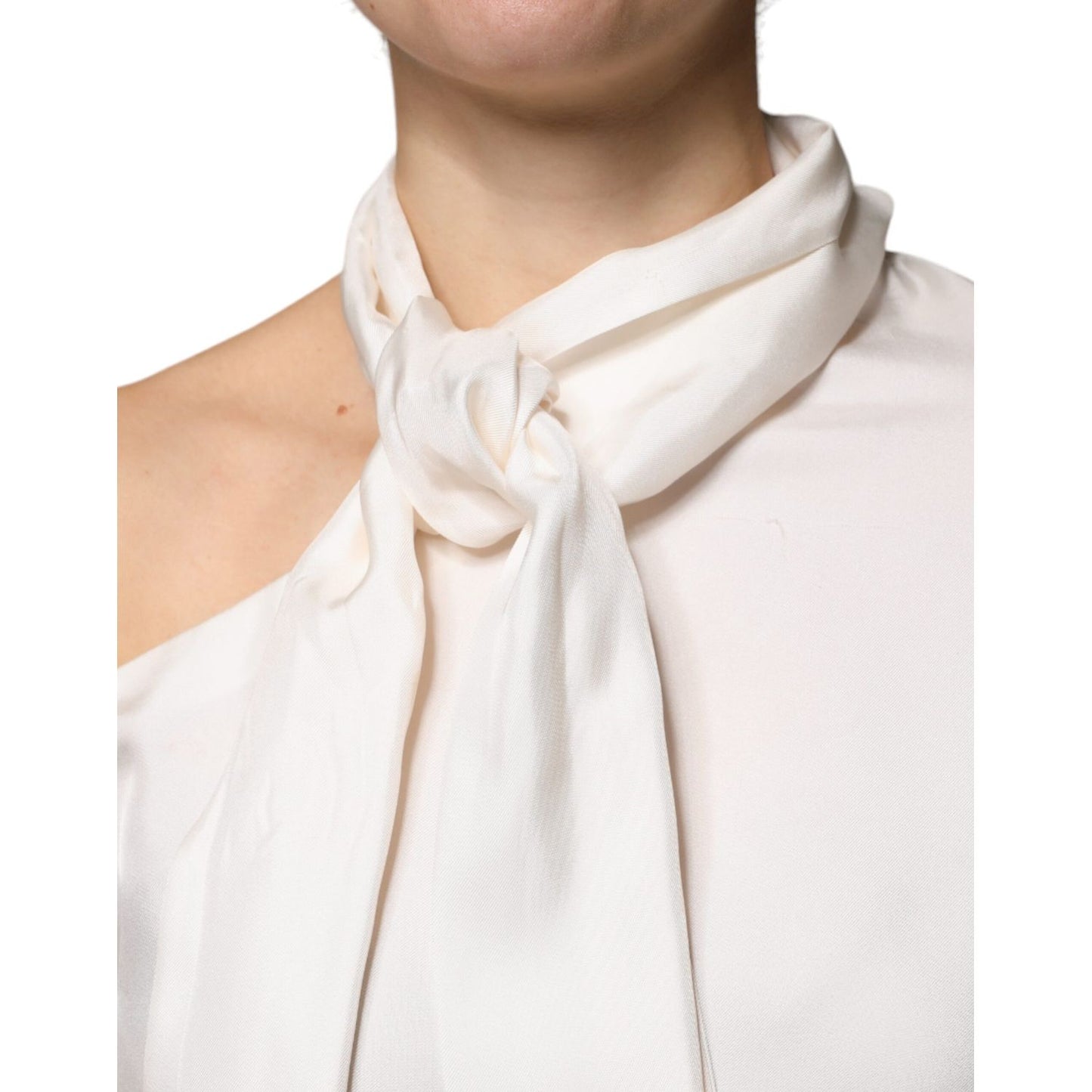 Brunello Cucinelli Beige Silk Ascot Collared Long Sleeves Top