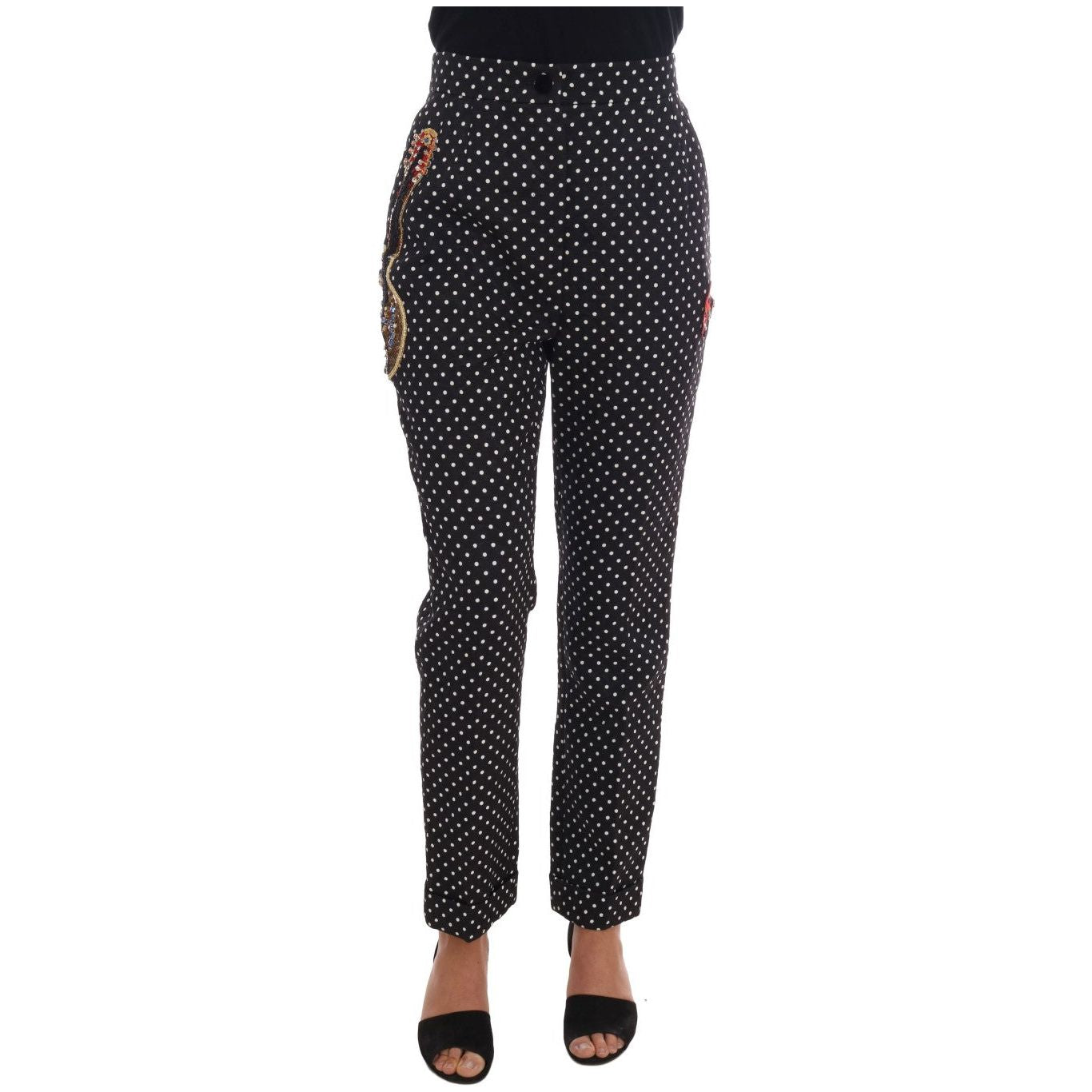Dolce & Gabbana Black Polka Dot Sicily Crystal Pants 1728,36% Cotton,67345645728,Black/White,Casual Pants - Pants - Clothing,Clothing,Dolce & Gabbana,IT42|M,Jeans & Pants - Women - Clothing,Material: 64% Rayon,New with tags,Pants - Clothing,Women,Women -