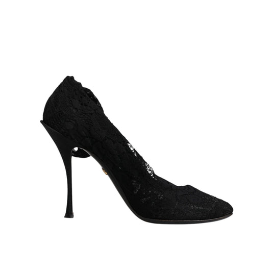 Dolce & Gabbana Black Lace Stretch Heels Mid Calf Boots Shoes